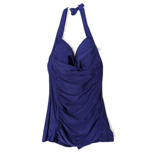 Women's One Piece Halter Bathing Suit Blue Ruched 3XL Swimwear Retro